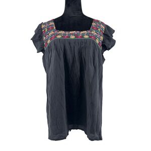Dorose Womens XL Black Embroidered Boho Flutter Sleeve Square Neck Blouse New
